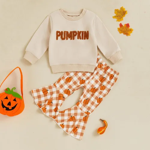 Vista 49 de Traje de Halloween para bebé niña, manga larga, cuello redondo, letras de fantasma, parte superior con estampado de fantasma, parte inferior