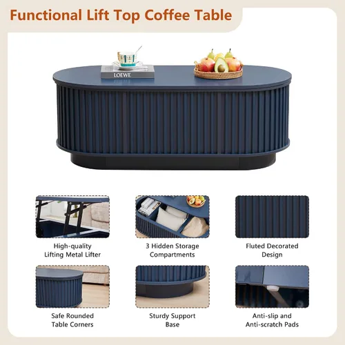 Vista 3 de Mesa de Centro Ovalada con Tapa Elevable y Almacenamiento, 43.3" Mesa Central Moderna de Mediados de Siglo con Compartimento Oculto, Mesa de Comedor