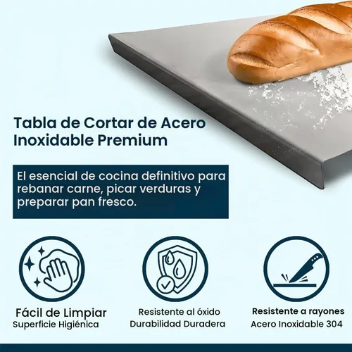 Vista 2 de Tabla de cortar de acero inoxidable para cocina, grado alimenticio 304, adecuada para carne, frutas, verduras y pan, tablas de cortar de gran