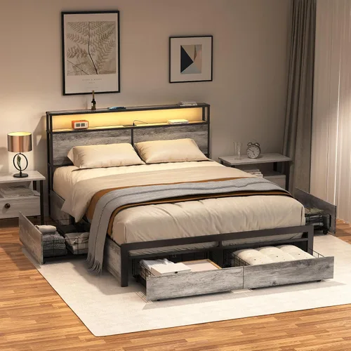 Vista 7 de HAUSOURCE - Base de cama tamaño Queen con cabecera de almacenamiento, 4 cajones, luces LED, plataforma metálica antideslizante sin ruido, base