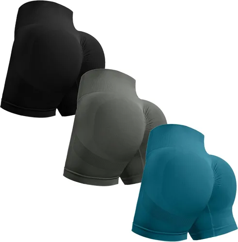 Vista 8 de Ovesport 3 piezas de pantalones cortos de entrenamiento para mujer, sin costuras, con levantamiento de glúteos, cintura alta, para yoga, gimnasio
