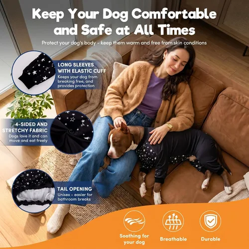 Vista 6 de Lovinpet Ropa para perros Pitbull – Lucky Stars - Ropa acogedora para perro, ajuste delgado, mameluco de Pitbull, pijama ligero sin botones, pijamas