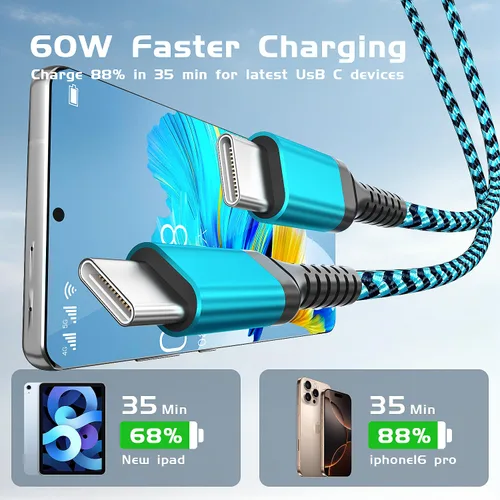 Vista 2 de QQLIKE - Cable USB C a USB C de 60 W, paquete de 3 [3/6/10 pies] C a C cable de carga rápida 60W PD Nylon Braided Cable Fast Charging for Phones