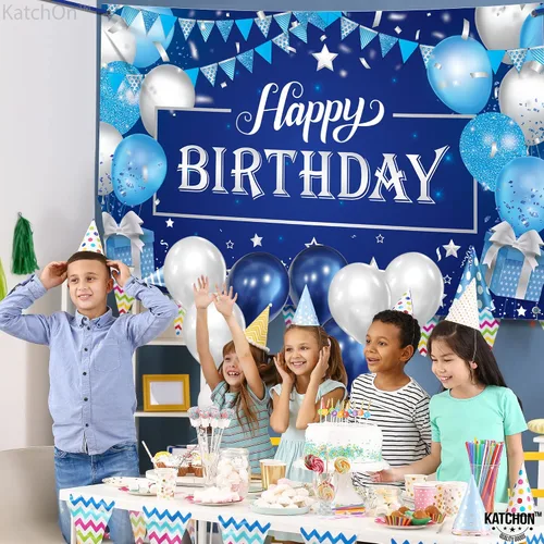 Vista 9 de KatchOn, Cartel grande de feliz cumpleaños plateado y azul - 72 x 44 pulgadas Cartel de pared de feliz cumpleaños para hombres Telón de fondo