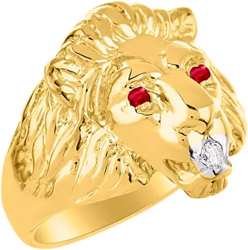 Vista 3 de Anillo de cabeza de león, chapado en oro amarillo, plata con diamante genuino en la boca y hermosa piedra de color precioso, piedra natal