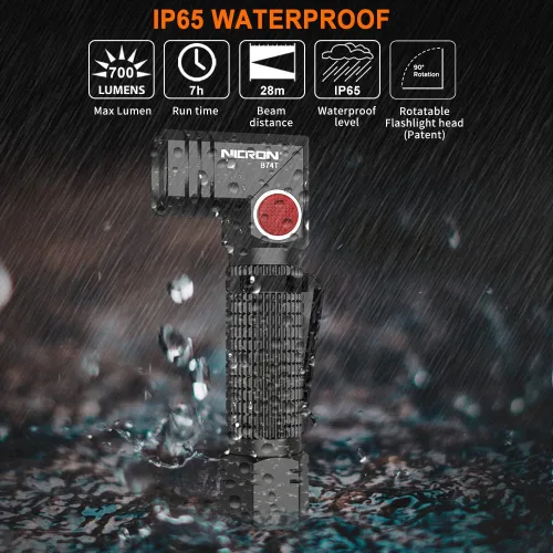 Vista 5 de NICRON B74T Linterna de luz roja, luz LED blanca recargable de 700 lúmenes con base magnética, clip, IP65 impermeable para camping, caminata Gris