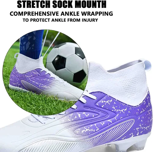 Vista 3 de MEBAMY Botines de fútbol para hombre, suela de goma, cómodos zapatos de fútbol para exteriores, botas de fútbol antideslizantes de cuero de velocidad