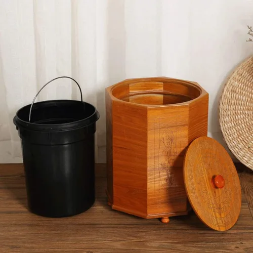Vista 4 de Botes de basura retro de ratán, con tapa de borde geométrico, capacidad de 1.3/2.1 galones, cesta de basura de estilo chino