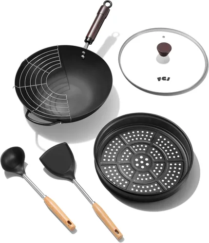 Vista 7 de Wok, woks y sartenes de acero al carbono de 13 pulgadas antiadherentes, wok chino de 5.8QT con fondo plano pre-curado con tapa, sartenes de paella