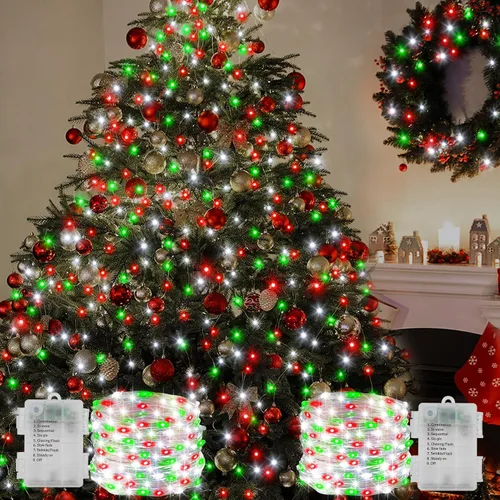 Vista 14 de Tira de 100 luces LED EchoSari, para exteriores, operadas con batería y control remoto (con capacidad de atenuación, temporizador y 8 modos), a