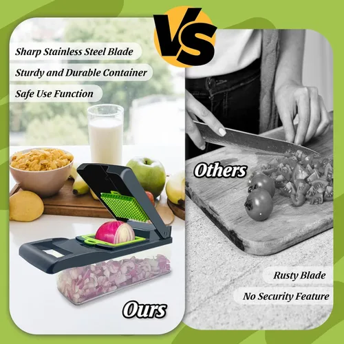 Vista 7 de Picador de verduras, multifuncional 14 en 1, picador de verduras de cocina con 8 cuchillas, cortador de cebolla profesional, cortador de verduras