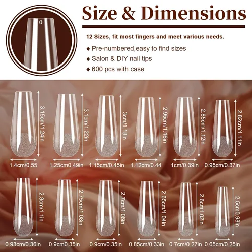 Vista 2 de FEBSNOW 600 piezas de puntas de uñas postizas largas estilo ataúd, uñas de gel transparentes de cobertura completa, estilo bailarina, autoadhesivas