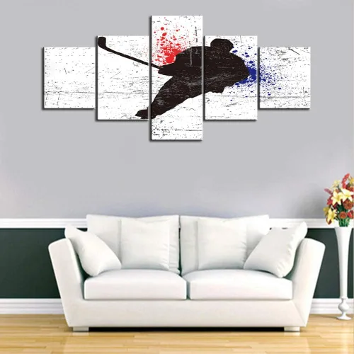 Vista 2 de Lienzo deportivo para pared, póster de hockey en blanco y negro, impresiones HD, pintura de chorro de tinta roja y azul, imagen abstracta
