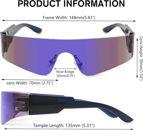 Vista 4 de LIUWEN Gafas de sol Cyberpunk Y2K sin montura futuristas envolventes para mujeres y hombres, moda escudo plano