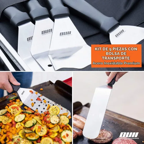 Vista 4 de Accesorios de plancha plana para parrilla Blackstone y Camp Chef - Juego de 9 piezas con kit de limpieza de plancha y bolsa de transporte. Espátula