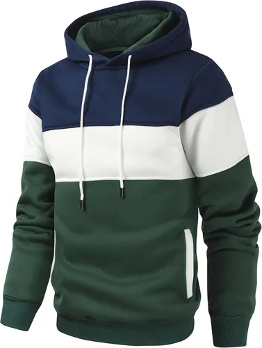 Vista 2 de Sudadera con capucha para hombre, diseño de bloques de color, casual, de vellón, manga larga, con capucha