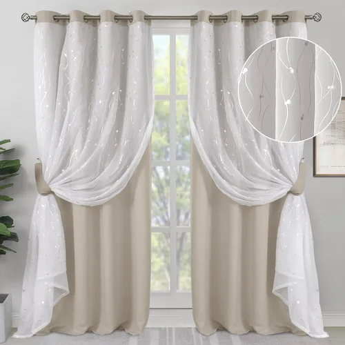 Vista 16 de BGment Cortinas de oscurecimiento de habitación con superposición transparente, cortinas de tul estampado plateado de doble capa para sala de estar
