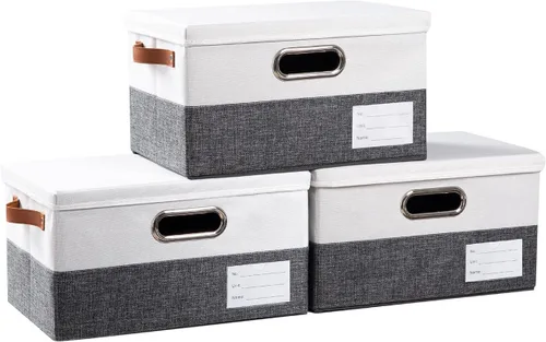 Vista 30 de PRANDOM Contenedores de almacenamiento con tapas [paquete de 3] cajas de almacenamiento plegables de tela de lino, canastas organizadoras, cubos