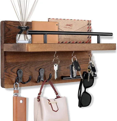 Vista 9 de OurWarm Soporte para llaves de pared con 5 ganchos para llaves, para colgar en la pared, con estante para llaves y correo, organizador de correos