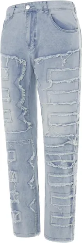 Vista 6 de Jeans apilados para hombre, pantalones de mezclilla rectos desgastados desgastados, ajustados sólidos rasgados, pantalones cargo Harajuku