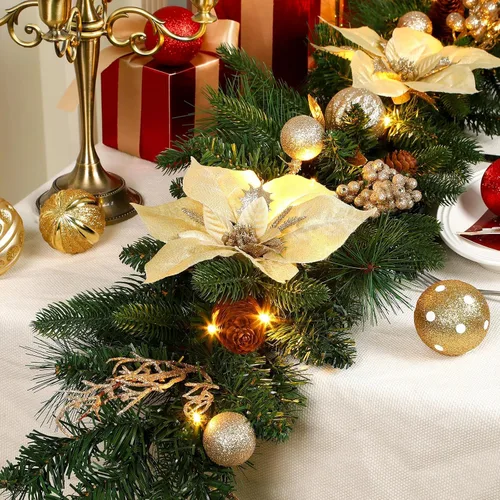Vista 5 de SHareconn Guirnalda de Navidad Preiluminada de 9 Pies con Luces LED Multicolor, Temporizador a Batería, Guirnalda Iluminada con Bola de Flor