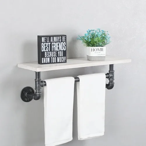 Vista 14 de MBQQ Estantes de tubería para baño en negro y blanco con toallero sobre el inodoro, estantes flotantes de 24 pulgadas de madera de pino para montaje