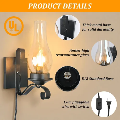 Vista 3 de Black Plug in Wall Sconce 1-Pack, UL Listed Rustic Farmhouse Lamp, E12 Base