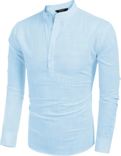 Vista 2 de COOFANDY - Camisas de lino y algodón con cuello Henley de manga larga estilo hippie informal camisas de playa