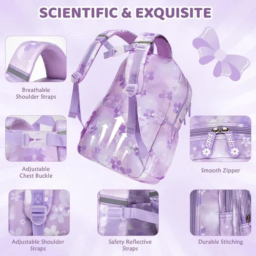 Vista 4 de Mochila Kawaii para niñas primaria primaria y media con múltiples bolsillos, bolsas casuales de viaje, Púrpura, Grande, dibujos animados