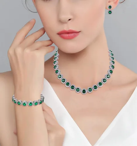 Vista 2 de EVER FAITH Precioso collar de circonita cúbica de corte redondo con piedra natal para novia, aretes y pulseras de tenis, juego de joyas de boda
