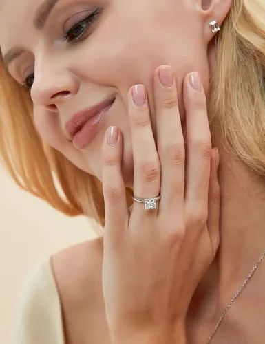 Vista 3 de EAMTI Anillos de compromiso de plata de ley 925 de 2 quilates, corte princesa, circonita cúbica, anillos de promesa de boda para ella