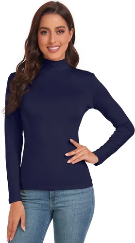 Vista 3 de ACIEMR Camisetas de manga larga con cuello alto falso para mujer, ajustadas, básicas, para mujer