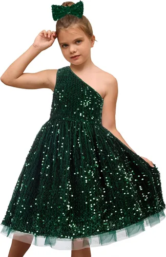 Vista 4 de GRACE KARIN Vestido de lentejuelas para niñas, vestido de fiesta de boda de un hombro con lazo para el pelo, 5-12 años