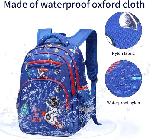 Vista 5 de Mochila infantil para niños de primaria, preescolar, 16 pulgadas, multifuncional, linda capacidad, Azul Patchwork, 16 pulgadas