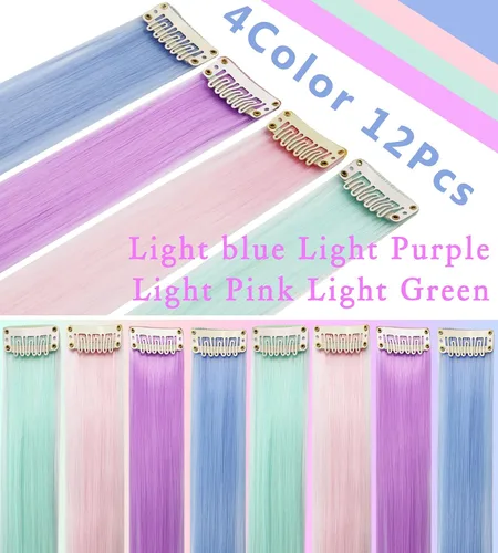Vista 3 de 12 extensiones de cabello de colores resistentes al calor sintético liso (verde claro, rosa claro, azul claro, morado claro)