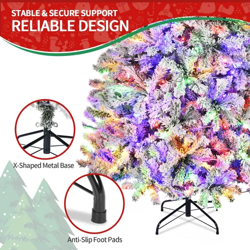 Vista 4 de Árbol de Navidad flocado de 6 pies preiluminado, árbol de Navidad artificial con control remoto, 250 luces LED de color blanco cálido y cambio