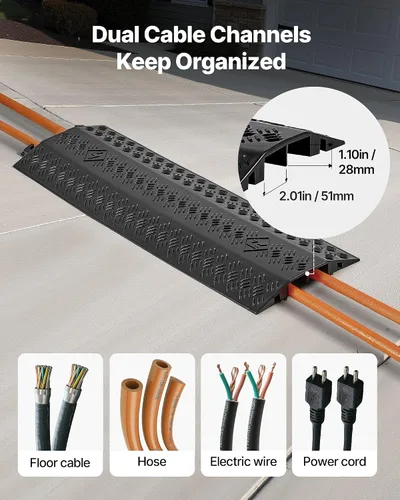 Vista 4 de VEVOR Paquete de 1 Cubierta de Cable Desplegable, Rampa Protectora de Cable y Manguera de Servicio Pesado de 2 Canales, Cubierta de Cable de Piso