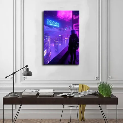 Vista 3 de Surreal Synthwave Art Print – Dreamy Retro Futuristic Cityscape Poster – Unique Sci-Fi Wall Decor Canvas Poster Wall Art Decor Print Picture Frame
