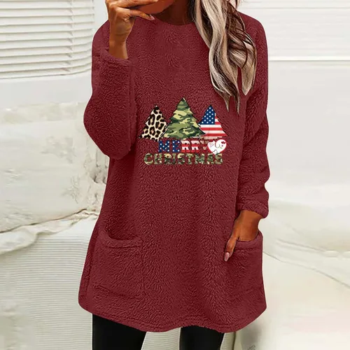 Vista 4 de Camisas de Navidad para mujer, de forro polar, casual, cuello redondo, manga larga, con bolsillos