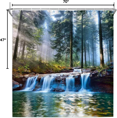 Vista 4 de Cortinas de ducha con cascadas, decoración de baño al aire libre con paisaje natural del bosque, sol, árbol, planta, paisaje del patio, cortinas