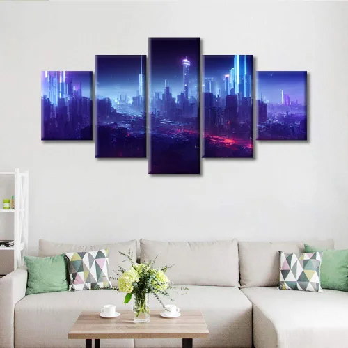 Vista 304 de Cuadros de 5 paneles de Cyberpunk City, arte de pared, representación de vallas publicitarias, edificios modernos en la capital con obras de arte
