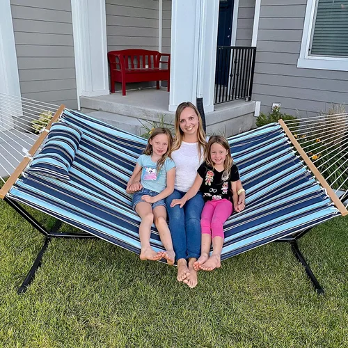Vista 2 de Lazy Daze Hammocks - Hamaca doble de tela acolchada de 12 pies con barras de suspensión y almohada desmontable, capacidad de carga de 450 libras