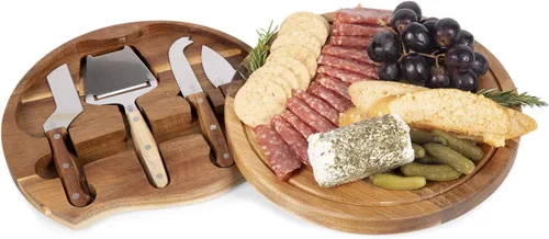 Vista 4 de Tablero de corte para queso Circo personalizado con monograma de iniciales de Toscana y juego de herramientas de acacia
