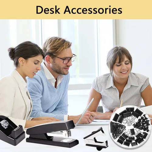 Vista 7 de Suministros de oficina, accesorios de escritorio negros, juego de suministros de oficina, juego de grapadora y dispensador de cinta, tijeras