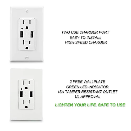 Vista 4 de LEOD 4.2A 5V Smart High Speed 2 USB Cargador de pared con 2 tipos de placas de pared libres (estándar y sin tornillos incluidos), receptáculo USB