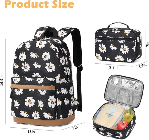 Vista 3 de Mochila escolar de 3 juegos, Pequeña margarita negra, Mediana, Mochilas Daypack