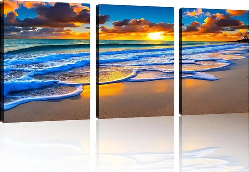Vista 42 de TutuBeer 3 paneles de fotos de playa, arte de pared, diseño de mar azul, playa blanca al amanecer, imágenes impresas en lienzo, imágenes del océano