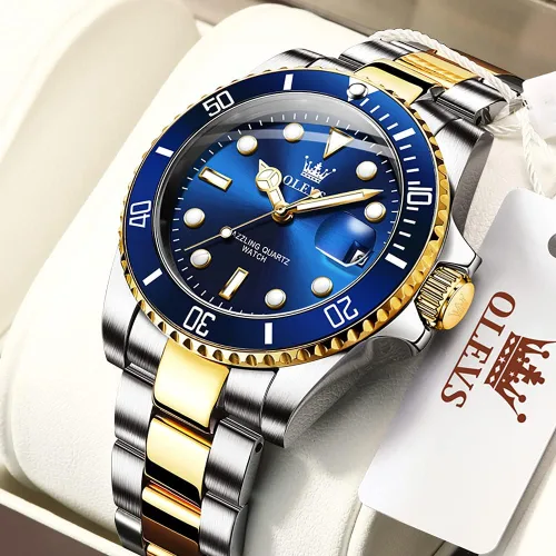 Vista 2 de OLEVS Relojes analógicos de cuarzo para hombre a la moda impermeables con correa de acero inoxidable ventana de día para hombre