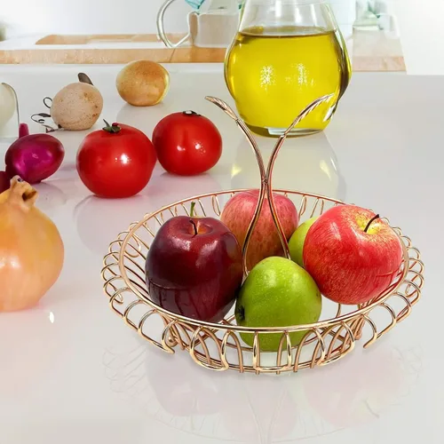 Vista 4 de ALLCENER Frutero para encimera de cocina, cesta de frutas con mango en forma de hoja, soporte de frutas elegante y funcional, canasta dorada