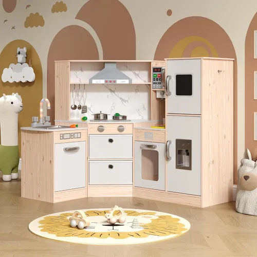 Vista 7 de BVIUNTWO Juego de juguetes de cocina, juego de cocina de madera para niños con luces y sonidos reales, estufa, fregadero, horno, máquina de hielo